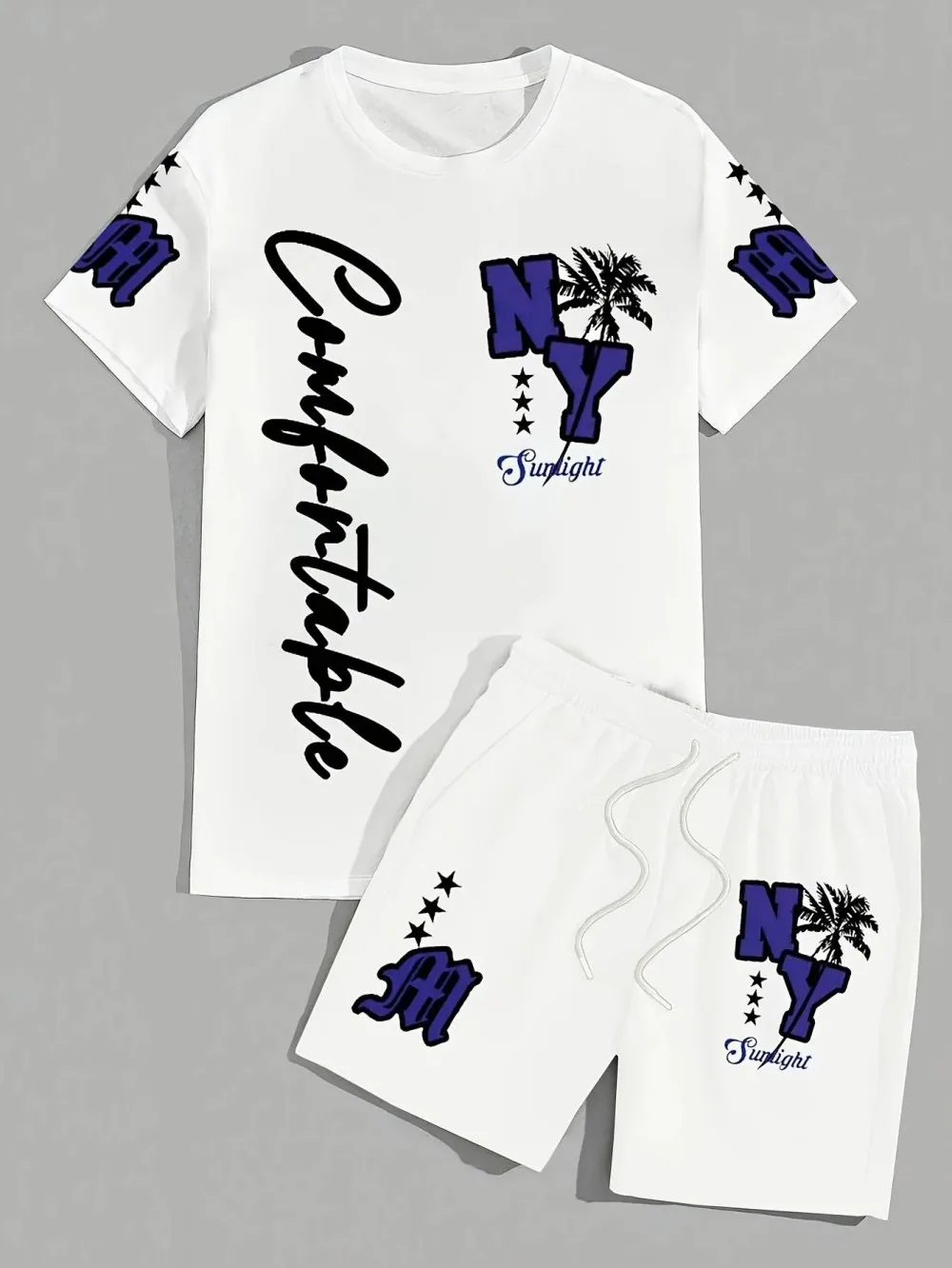인기 폭발! 남성용 통기성 라운드넥 티셔츠 반바지 세트 (알파벳 숫자 프린트 패턴, 아웃도어 캐주얼 슈트)