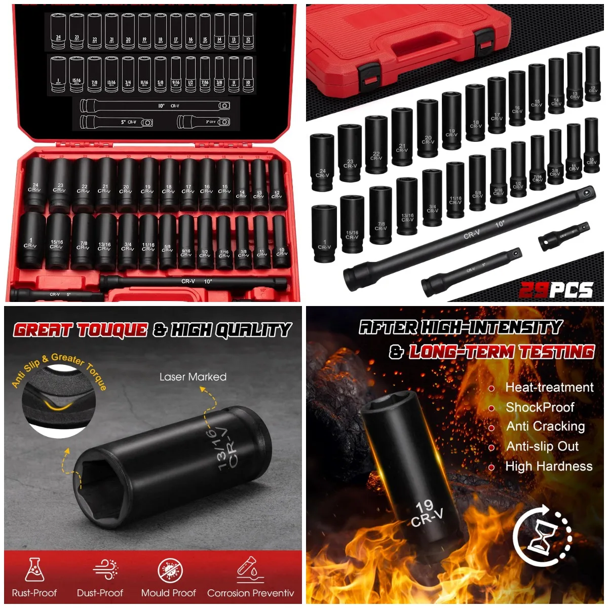 

1/2' Drive Impact Socket Set 29-Piece, Cr-V-M Steel, SAE & Metric Sizes, with Extension and Case