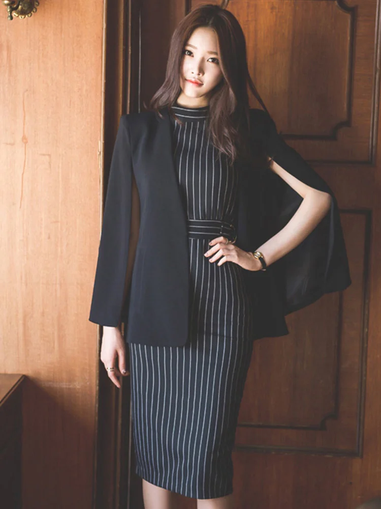 Autumn Winter Two Piece Set Women Dress Suit Coat Black Shawl Poncho Blazer Suit Jacket Cloak + Stripe Tank Bodycon Midi Vestido