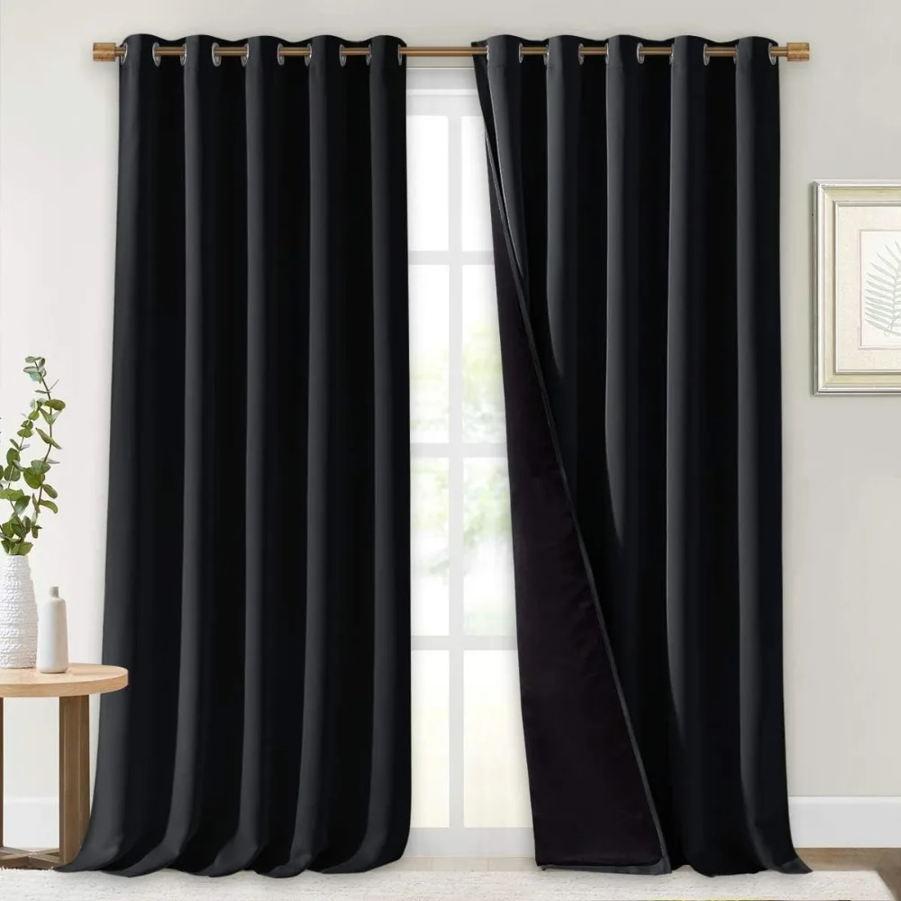 Extra Long Truly Blackout Drapes 100% Blackout Window Curtain Panels with Black Lined 70-inch 108-inch Length, Black, 2 Pieces