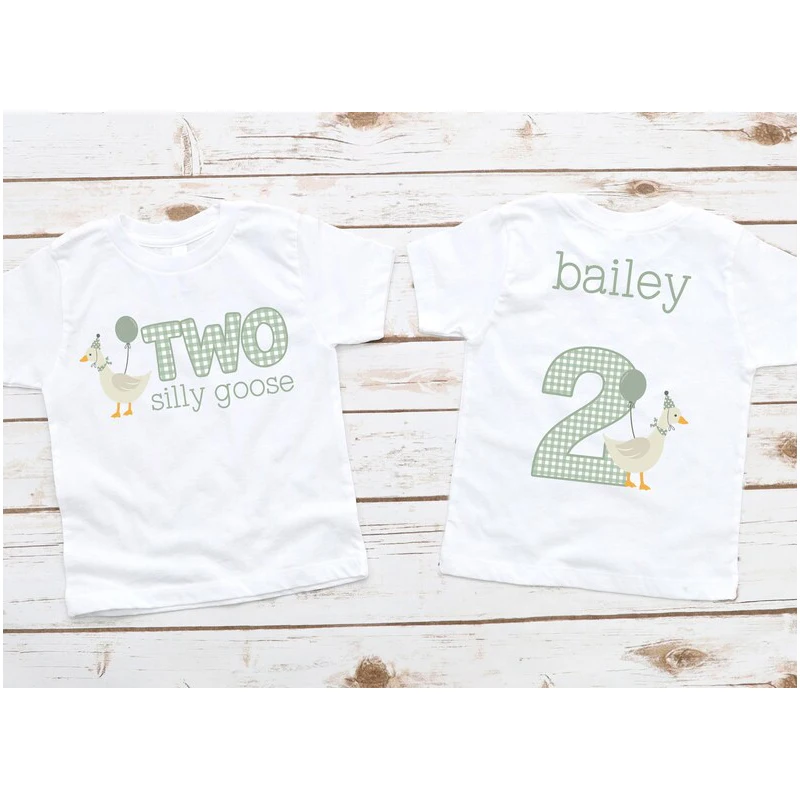 Green Silly Goose Shirt for 2nd Birthday - Vintage Silly Goose on The Loose T Shirt Personalized Name Back Gender Neutral Green