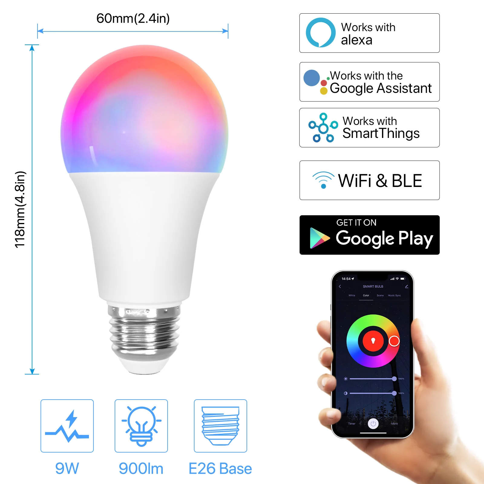 Smart Light Bulb 110V 220V 9W E26 WiFi BLE Work with Alexa Google Home Compatible LED Light Bulb RGBCW 2700-6500K Color Changing