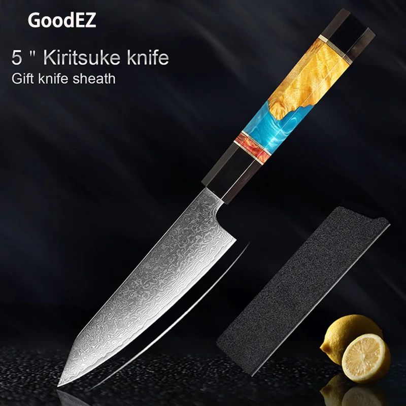 GoodEZ  5 inch Kiritsuke Knife Damascus Santoku Knife Japanese Hunting Knives Kitchen Portable Multifunctional Meat Knife Table