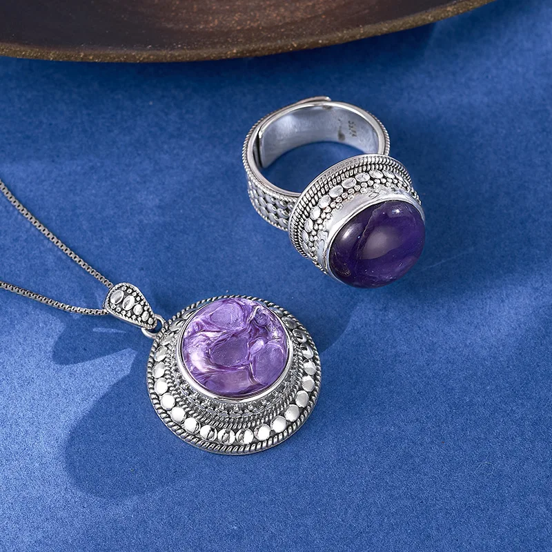

S925 Sterling Silver Charm Wide Ring for Women Men Retro Rivet Pattern Inlaid Charoite Cabochon Fashion Trendy Jewelry Wholesale