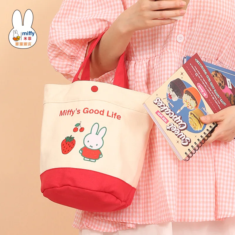 

Miffy New Model Strawberry Style Handheld Mommy Bag Girls Thickening Canvas Lovely Kawaii Portable Go Out Cylindrical Bucket Bag