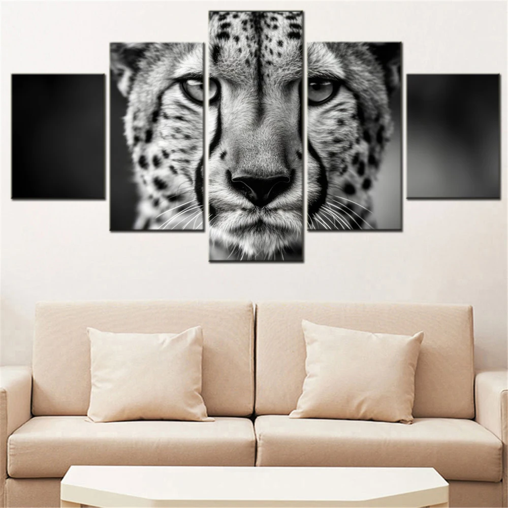 

5 Pieces Canvas Wall Art Poster Paitning Animals Cheetah Monochrome Wallpaper Home Decor Picture Printing For Living Room Mural
