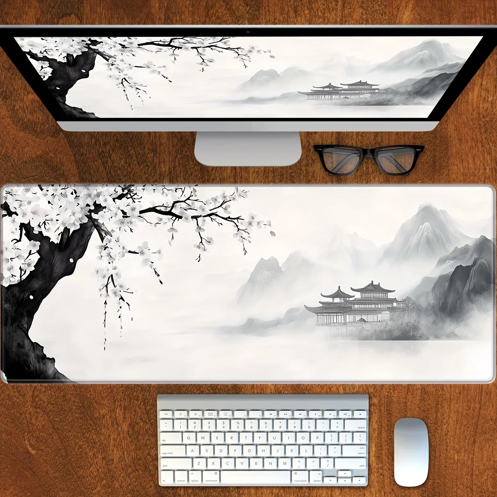 Large Desk Mat for Your Workspace, Featuring a Charming Design with Ink Wash Cherry Blossoms, Perfect for Both Gaming And Work.