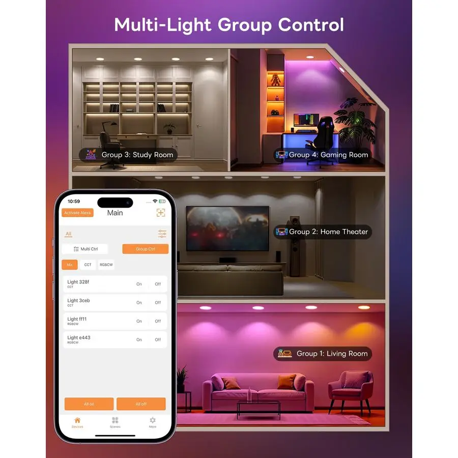 Встраиваемое освещение 6-дюймовый, RGBCW Бесшумные встраиваемые потолочные светильники, модернизированный светильник с регулируемой яркостью, совместимый с Алексом