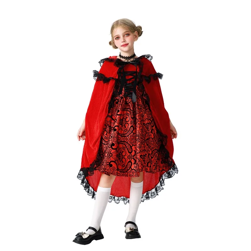 أزياء الهالوين للأطفال لعيد الميلاد ذات الرداء الأحمر الصغير وعباءة شال على الطراز الريفي للفتيات أزياء سندريلا التأثيرية
