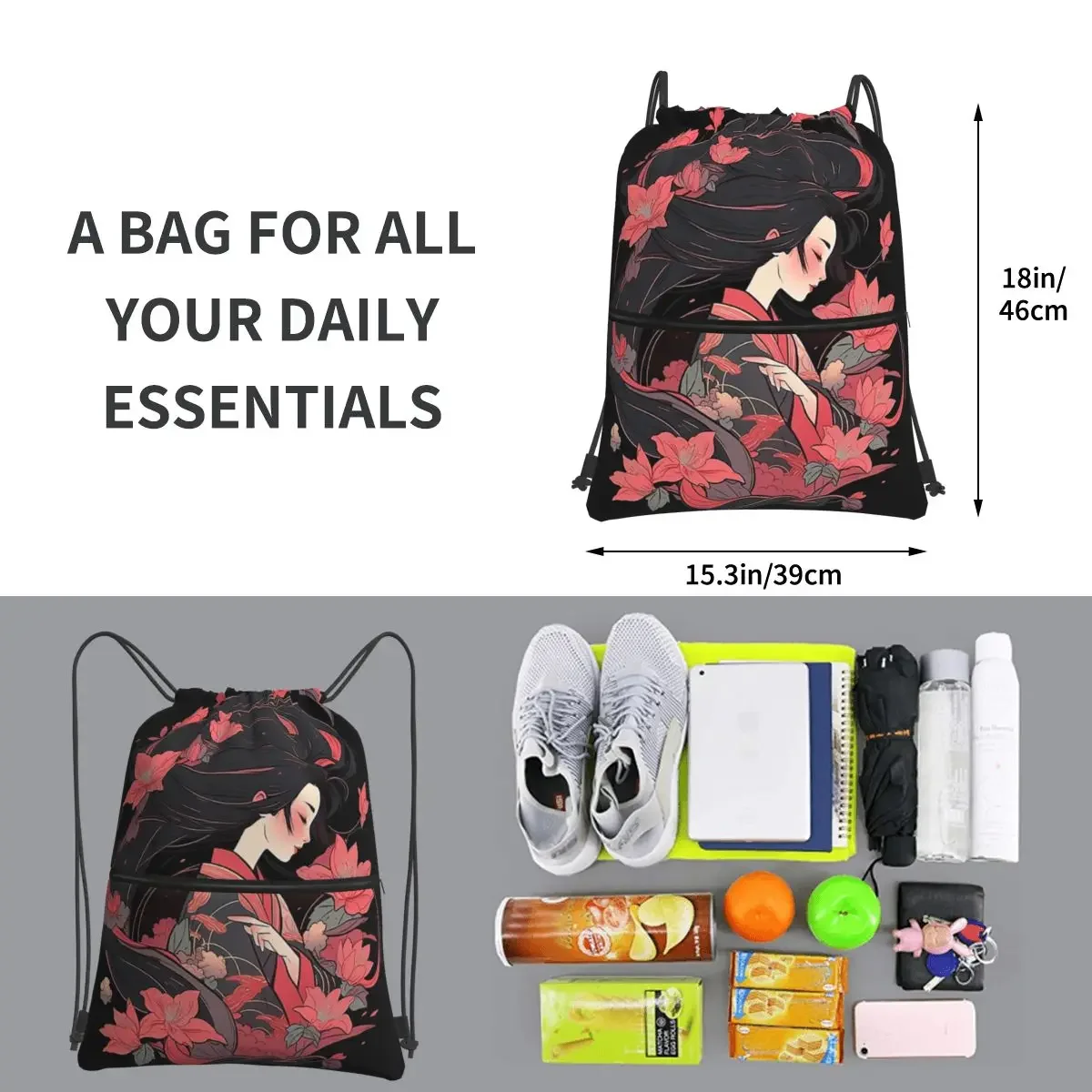 Beautiful Floral Geisha Portable Backpack Drawstring Bag Casual Drawstring Bundle Pocket Sundries Bag For Travel Sport Man Woman