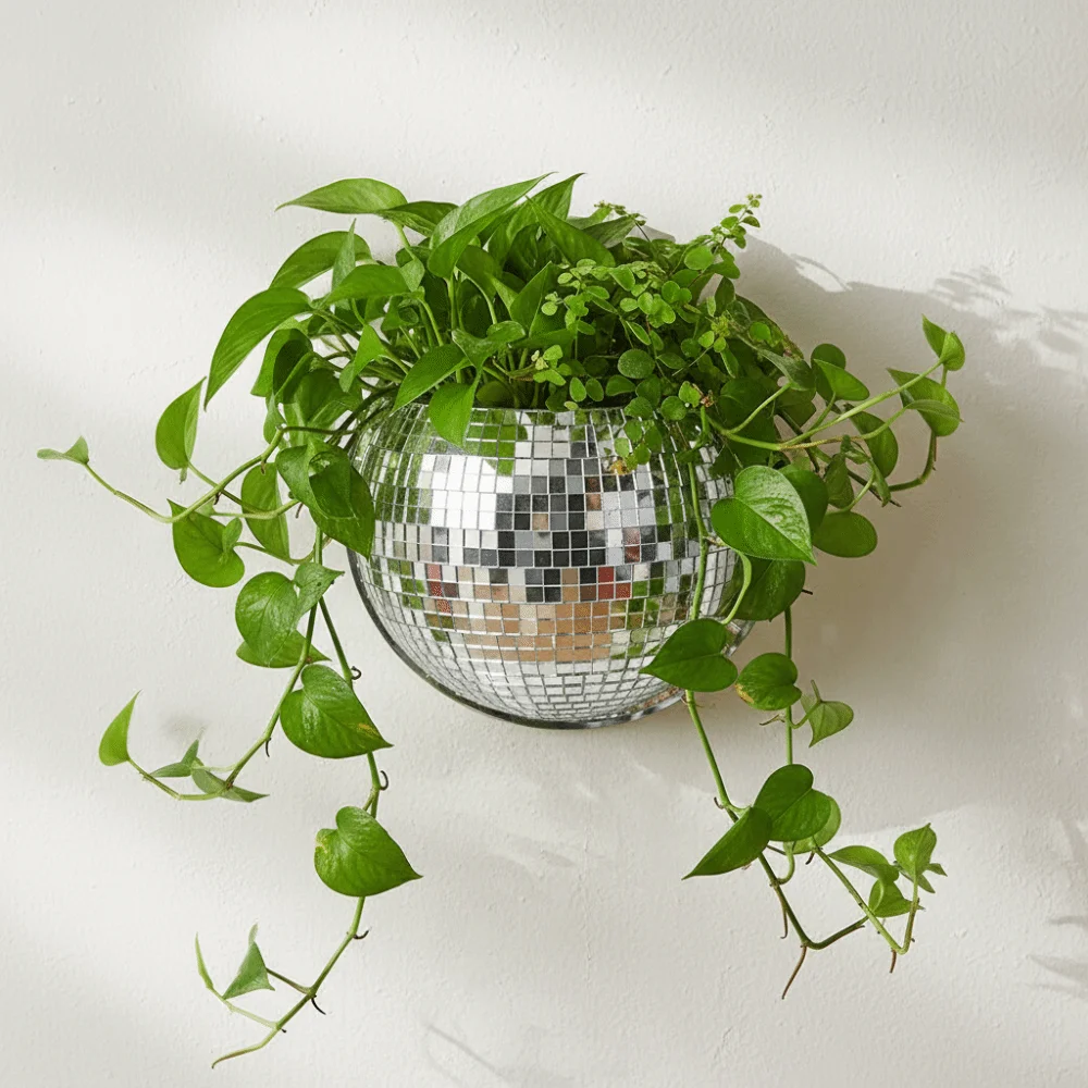Acrylic Mirror Finish Wall-Mounted Disco Planter Shining Half Sphere Disco Wall Vase Decorative Hanging Disco Flowerpot