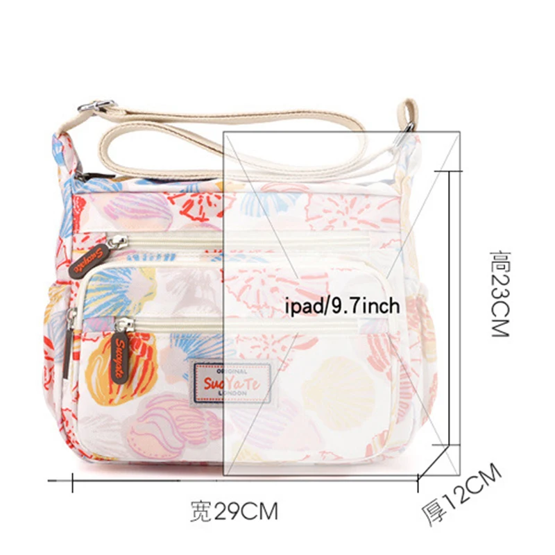 Bolsa tiracolo multi-bolso para mulheres, nylon impermeável, bolsa de ombro casual, bolsa mensageiro, padrão floral, bolsas com zíper, designer