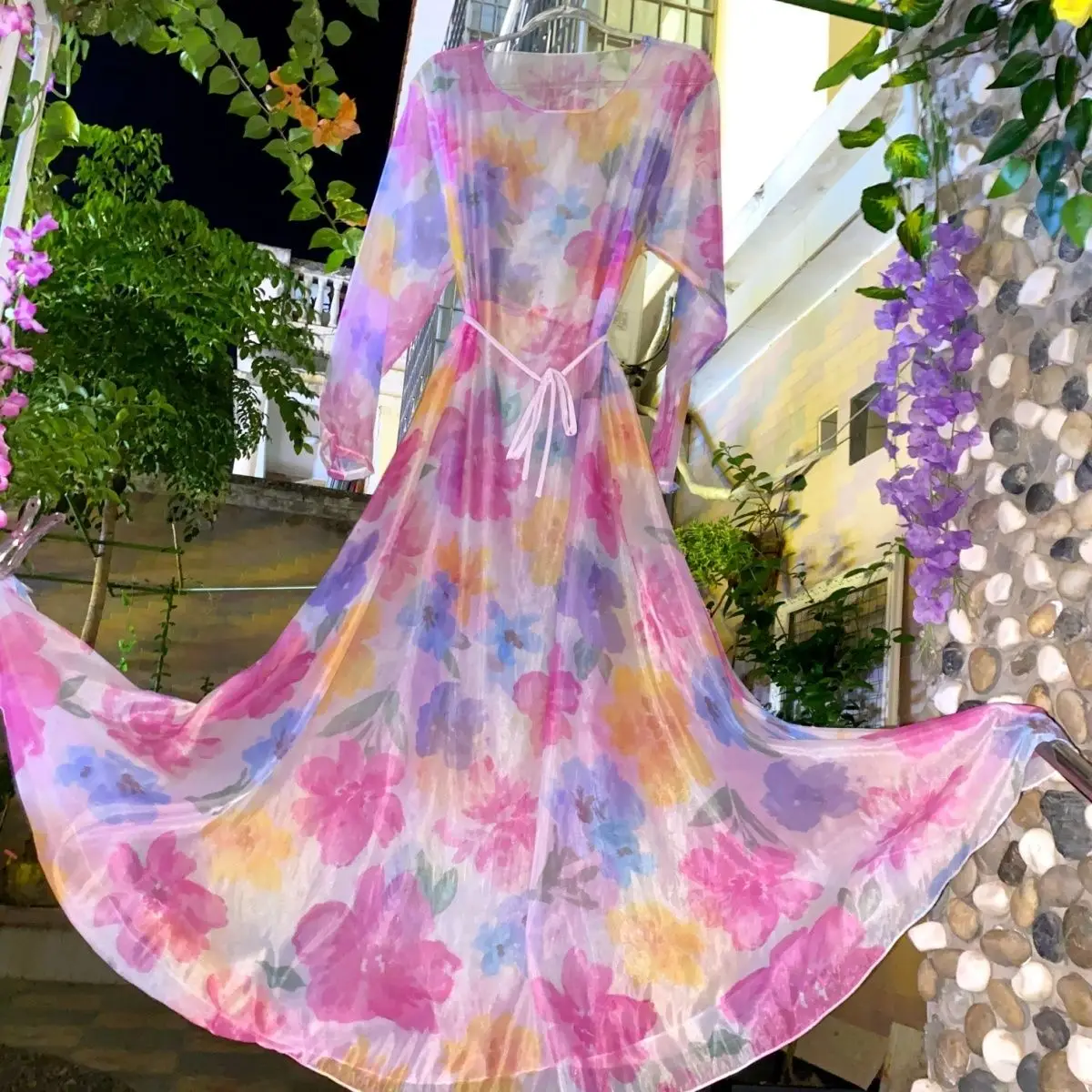 Sexy See Through Women Floral Mesh Long Dress Loose Night Dress Plus Size Sleeping Robe