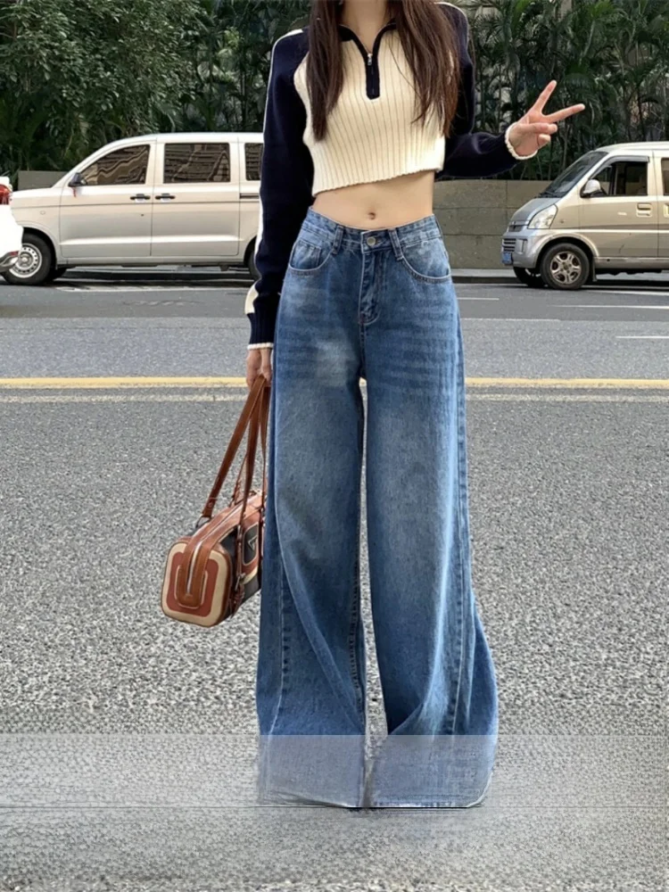 

High Waist Wide Leg Denim Jeans Women's plus Size Washed out Vintage Loose Drapey Straight Leg Trousers Autumn Winter Fashion