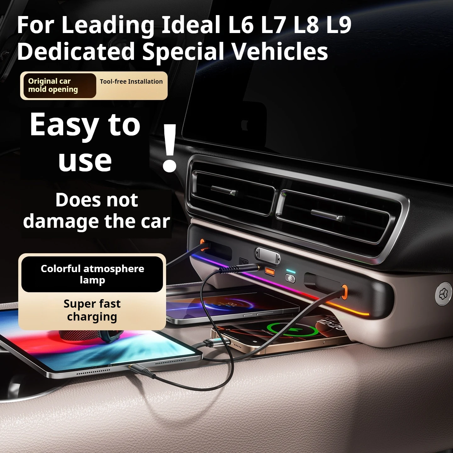 For Leading Ideal L6 L7 L8 L9 Dedicated 130W Car Fast Charging Docking Station USB Adapter with Car Fragrance Air Freshener