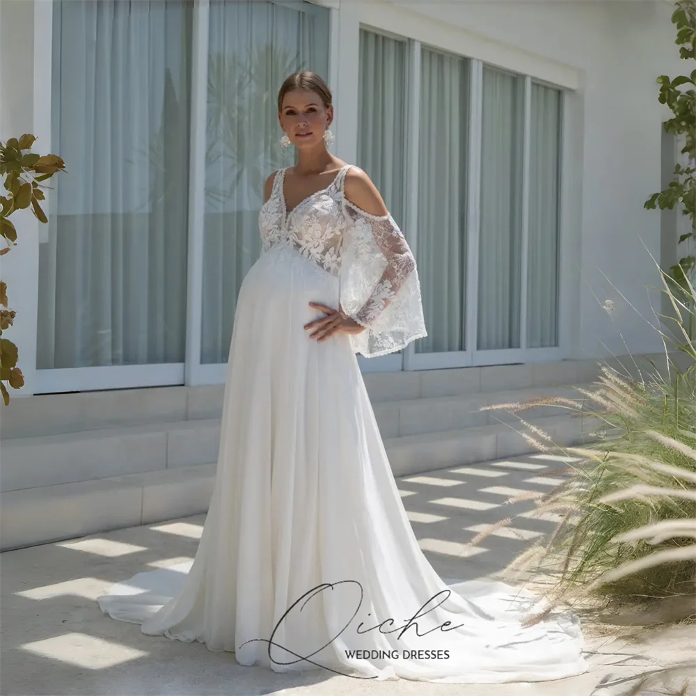 

QICHE Modern Pregnant Lace Appliqued A-Line Wedding Dresses Women V-Neck Open Back Long Sleeves Vestidos De Noiva Customized
