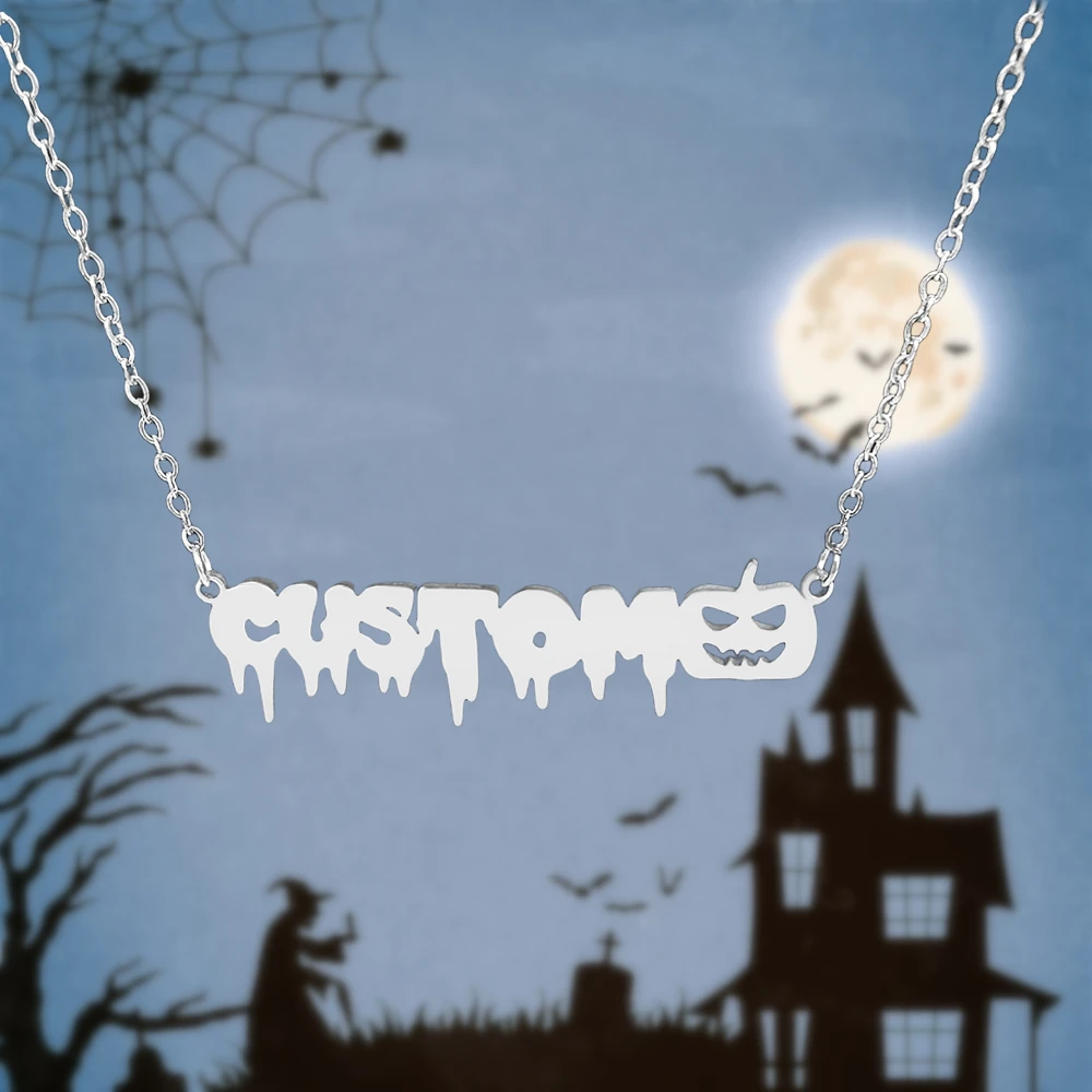 Customizable Vintage Halloween Necklace Personalized Stainless Steel Custom Magic broom Ghost Name Necklace For Halloween