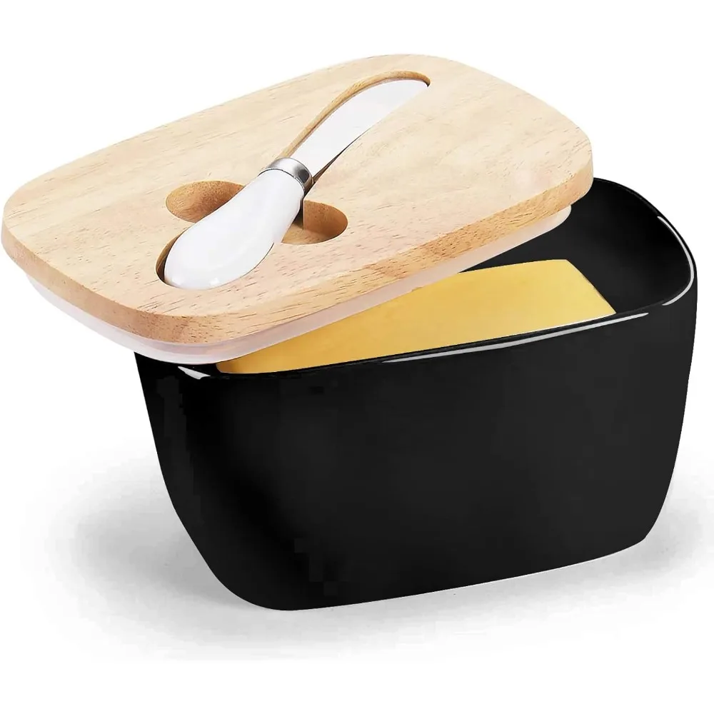 

Large Ceramic Butter Dish for Countertop Butter Keeper with Silicone Sealing, Natural Wooden Lid and Stainless Steel Knife
