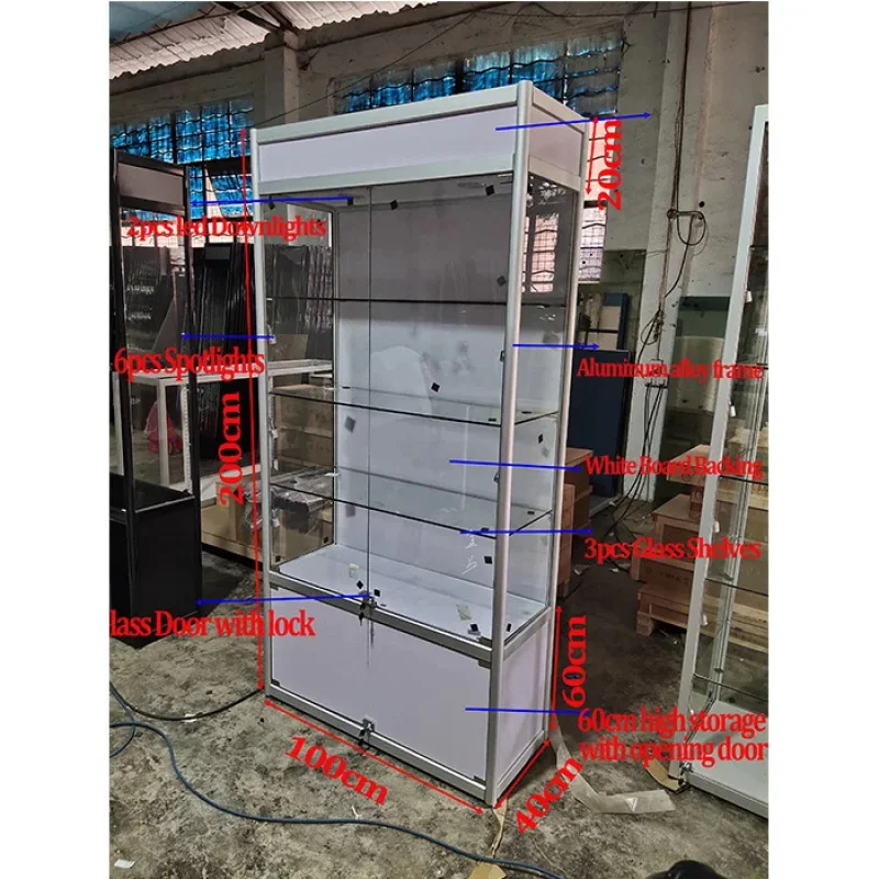 custom.LED Lit Guangzhou High Quality Souvenir Display Showcase Tiered Shelves Glass Back