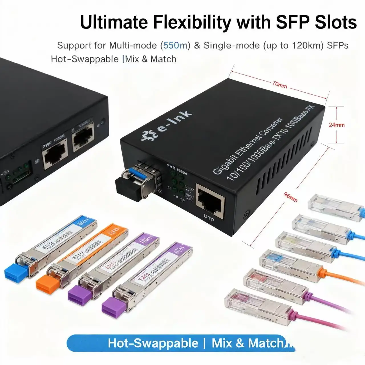 10/100/1000M Gigabit Ethernet Media Converter SFP Slot with DIP Switch