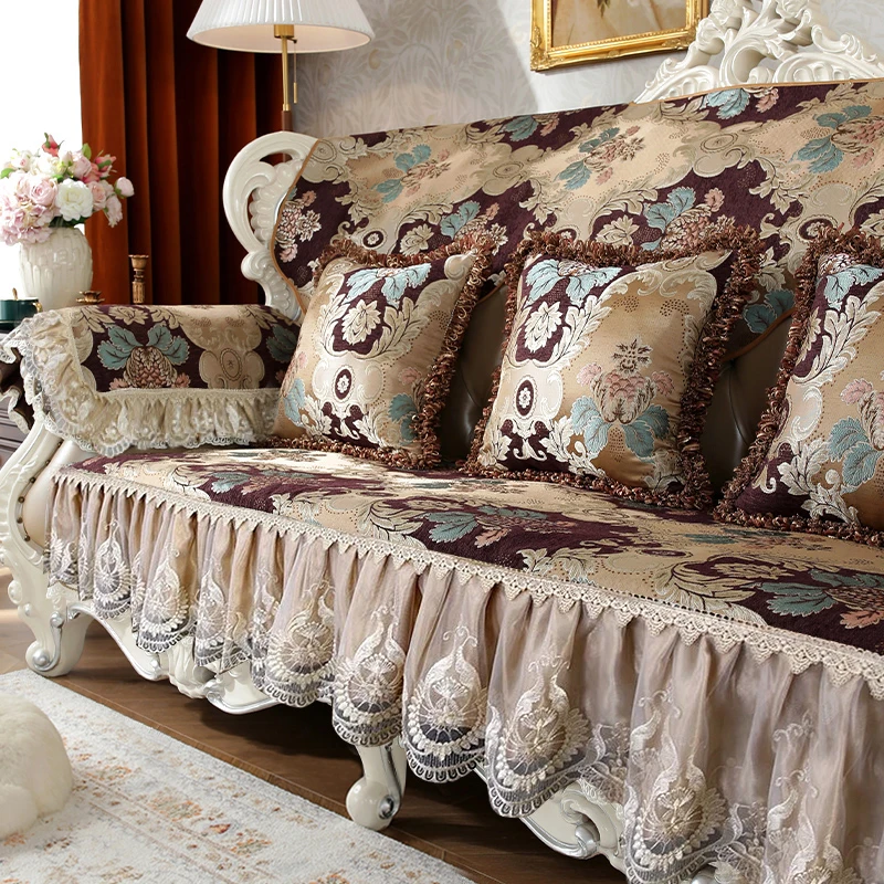 

European Lace Edge Sofa Cover Jacquard Chenille Fabric Couch Cushion Home Living Room Anti-slip Four Seasons Universal Slipcover