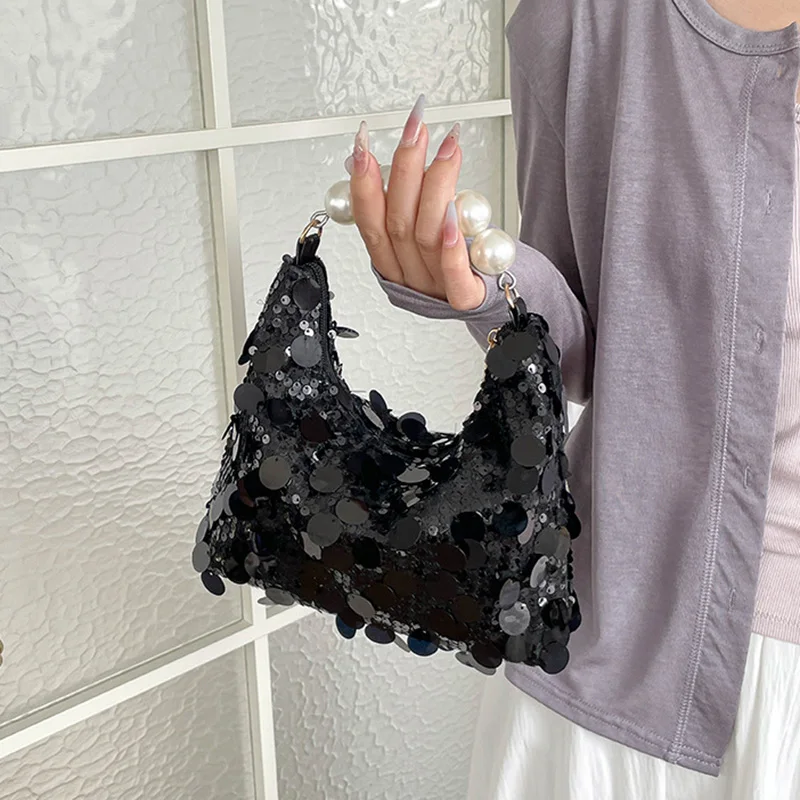 Fashion Sequin Handbag Safety Zipper Pearl Handle Daily Shiny Party Bag Korean Style Armpit Bag Dinner Bag
