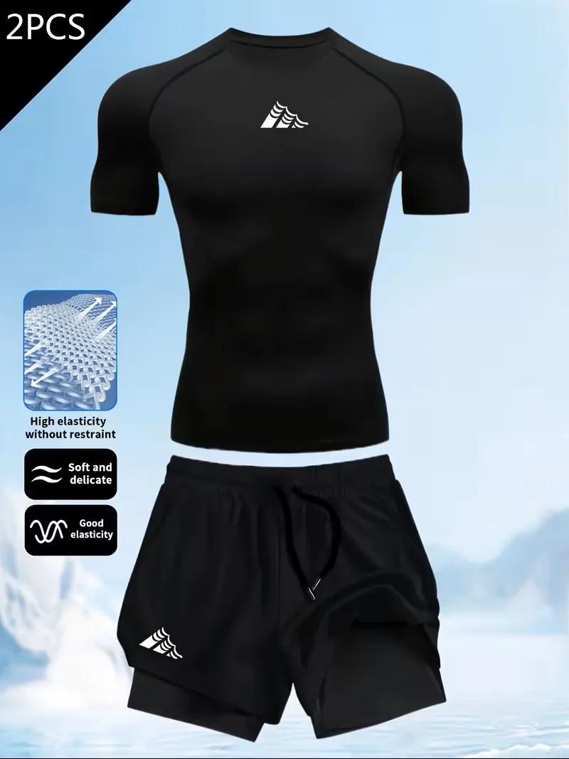 

2pcs Men's Compression Short Sleeve + Sports Shorts Quick-Dry Tight-Fit T-Shirt and Quick-Dry Shorts, Suitable for Running