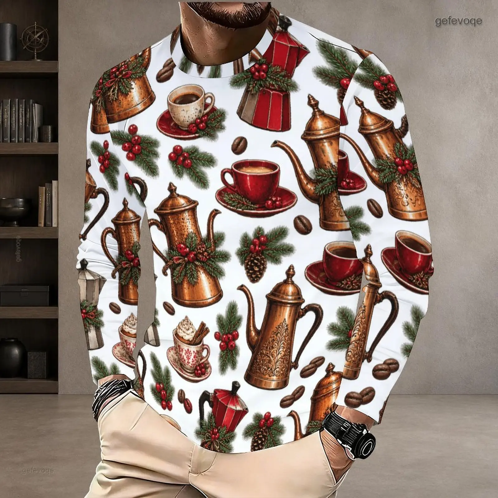 Men's Round Neck Long Sleeve Printed T-Shirt, White Base with Coffee Pot Coffee Cup Pine Berry All Over Print