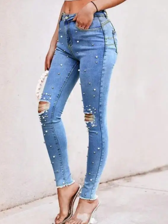 

2026 New Fashion Casual Bottom Women's Mid To High Waisted Pearl Studded Fringed Jeans with Trendy White Frayed Edges