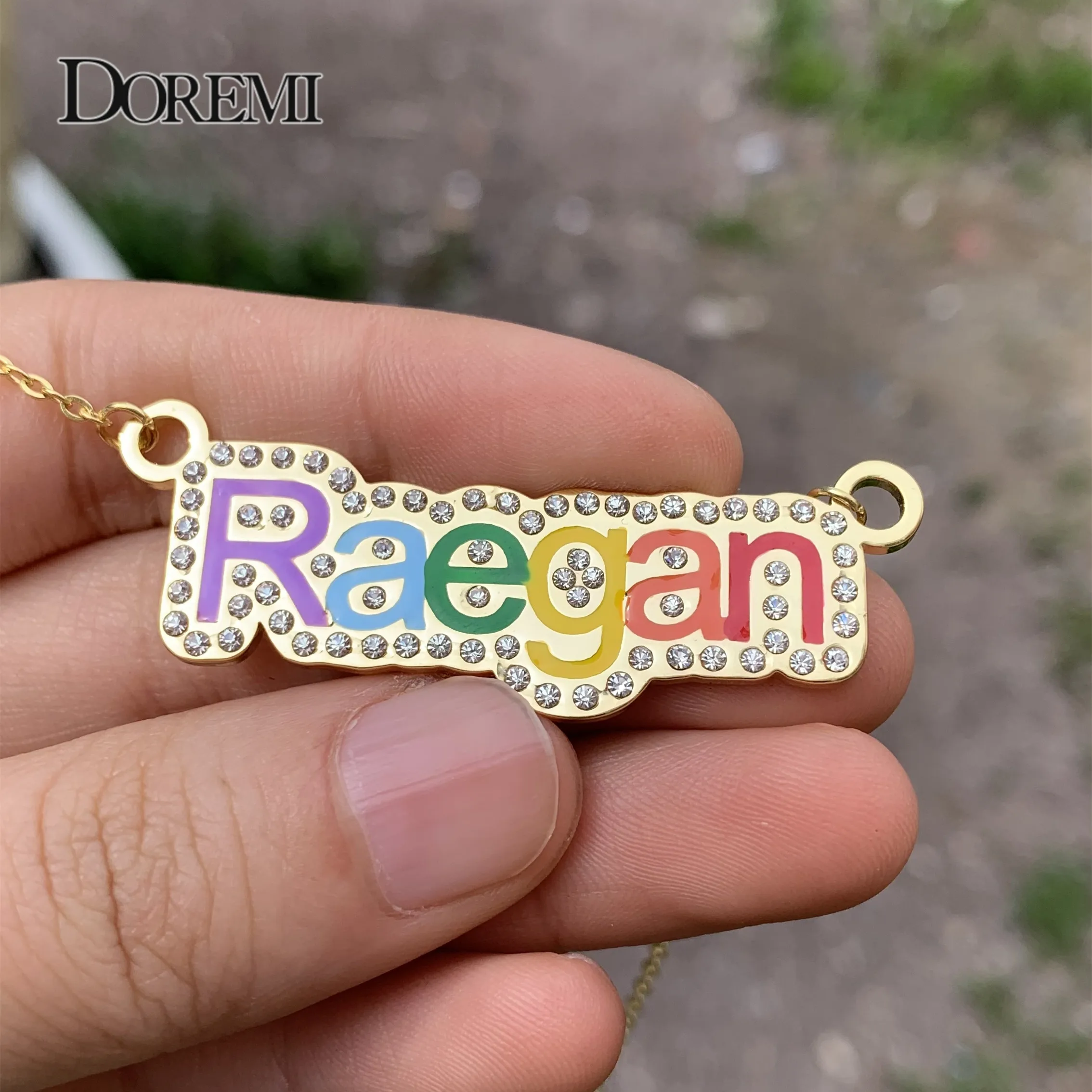 DOREMI Colorful Enamel Name Necklace Stainless Iced Out Chain for Women Personalized Custom Name Chain Rhinestone Pendant  Gift