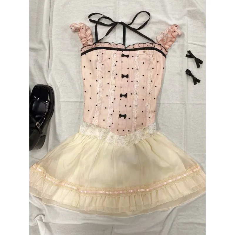 Retro 2 Piece Skirt Sets Women Corset Blouse Sleeveless + Mini Skirts Japanese Kawaii 2000s Vintage Y2k Suits Chic Even Party