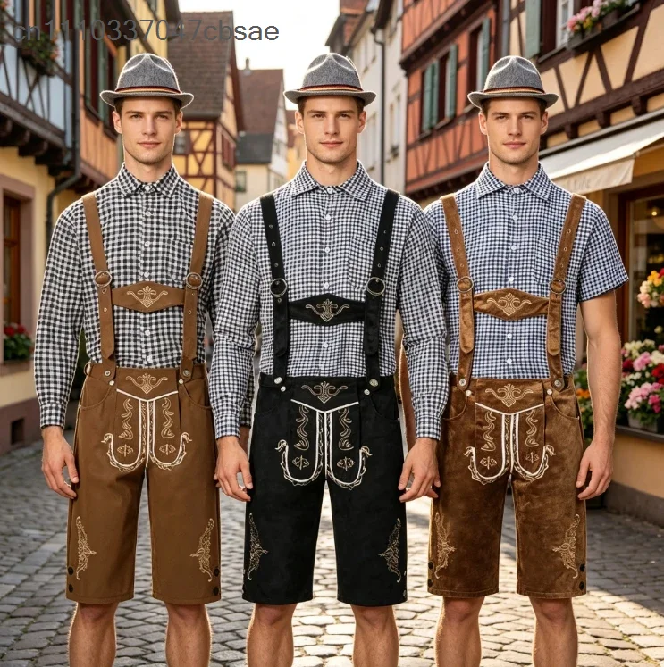 German Oktoberfest Short Sleeve Plaid Shirt Suspenders Hat Set Beer Festival Male Cosplay Halloween Bavarian Festival Costume