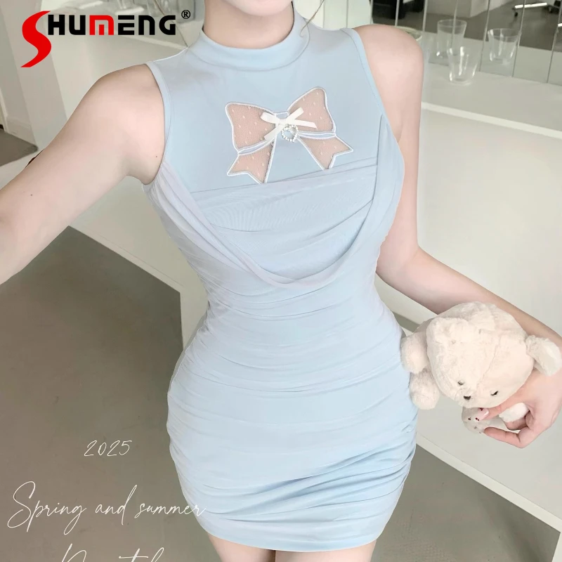 

2025 Summer French Style Pure Desire Girl Hollow Design Sleeveless Dress Blue Short Slim Fit Sweet Temperament Dresses Ladies