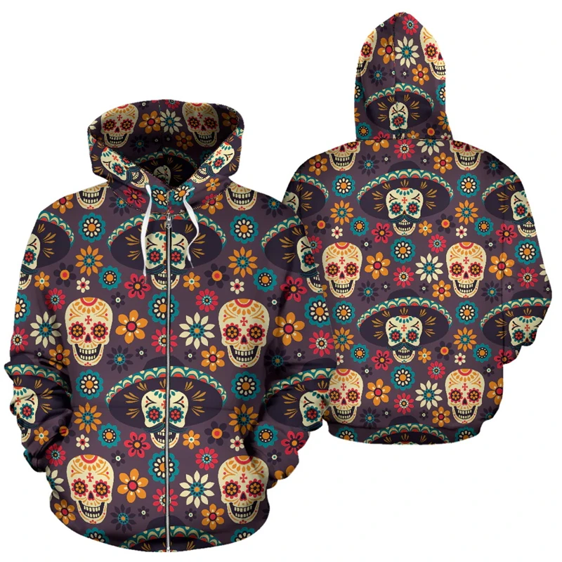 Hallowmas Y2K Zip Up Hoodies Men 3D Print Small Skull Graphic Sweatshirts Style Casual Loose Autumn Casual Oversize Coats Tops