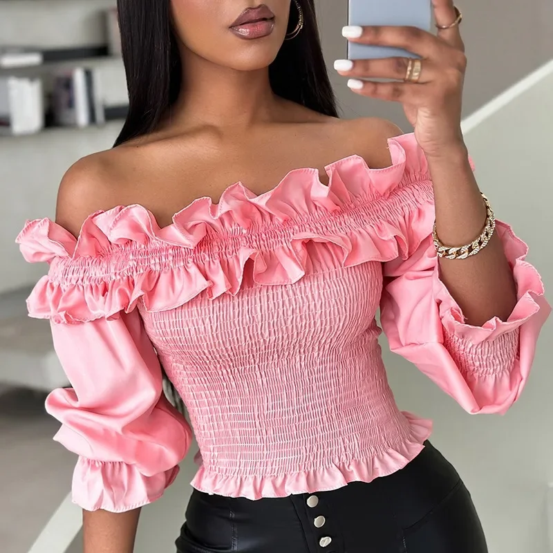 

Frill Hem Off Shoulder Top Women Shirt Ruffles Y2k Pink Shirts Slash Neck Folds Club Party Tops Half Sleeve Elegant Spring