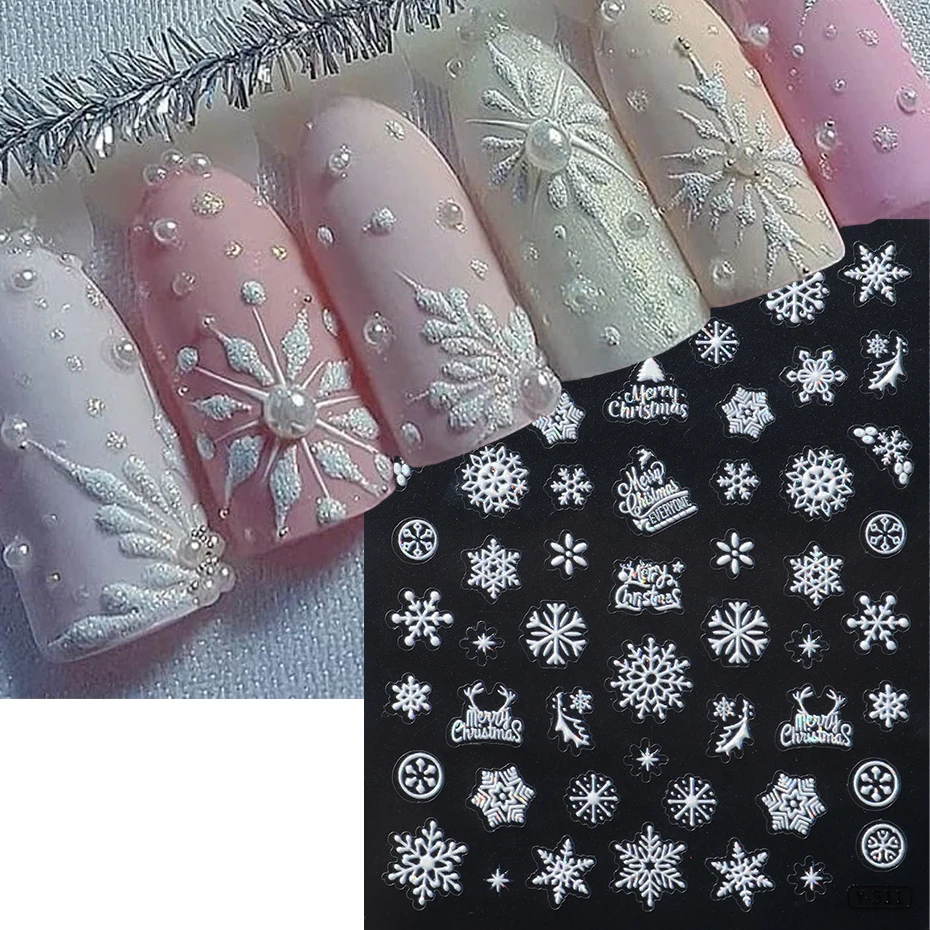 2 uds. De pegatinas para decoración de uñas con purpurina de copo de nieve blanco, calcomanías para uñas nevadas de Navidad e invierno, pegatina 3D, decoraciones artísticas para uñas de Navidad, manicura
