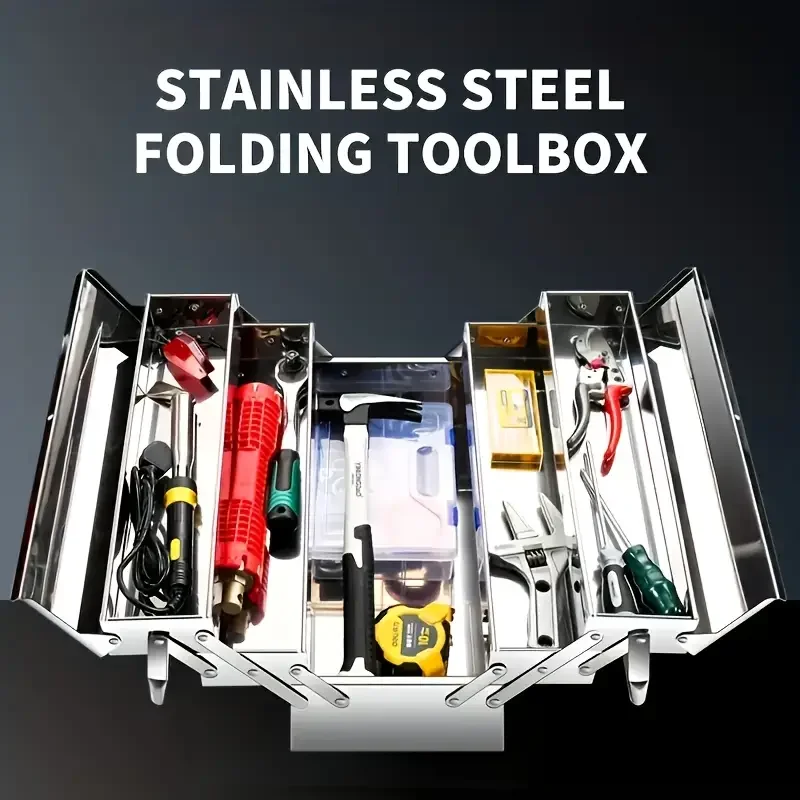 Three-layers Cantilever Tool Box crafted from Stainless Steel for Home and Auto Repair Folding Metal Toolbox