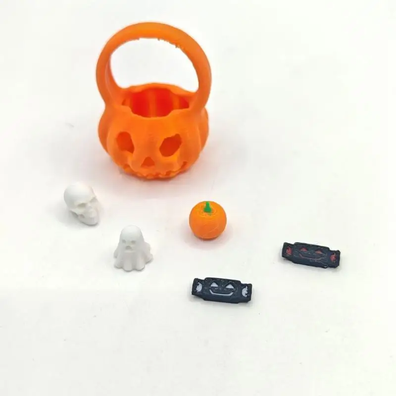 Halloween Mini Dollhouse Decor Set Realistic Pumpkin Basket Ghost Skull Figurines For DIY Tabletop Display