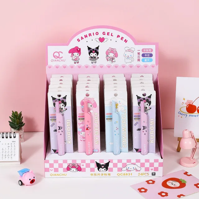 Sanrio Cartoon Roller Ball Pen Kuromi Cinnamoroll My Melody Pen Ruler Two In One Creative Stationery Students Supplies Wholesale