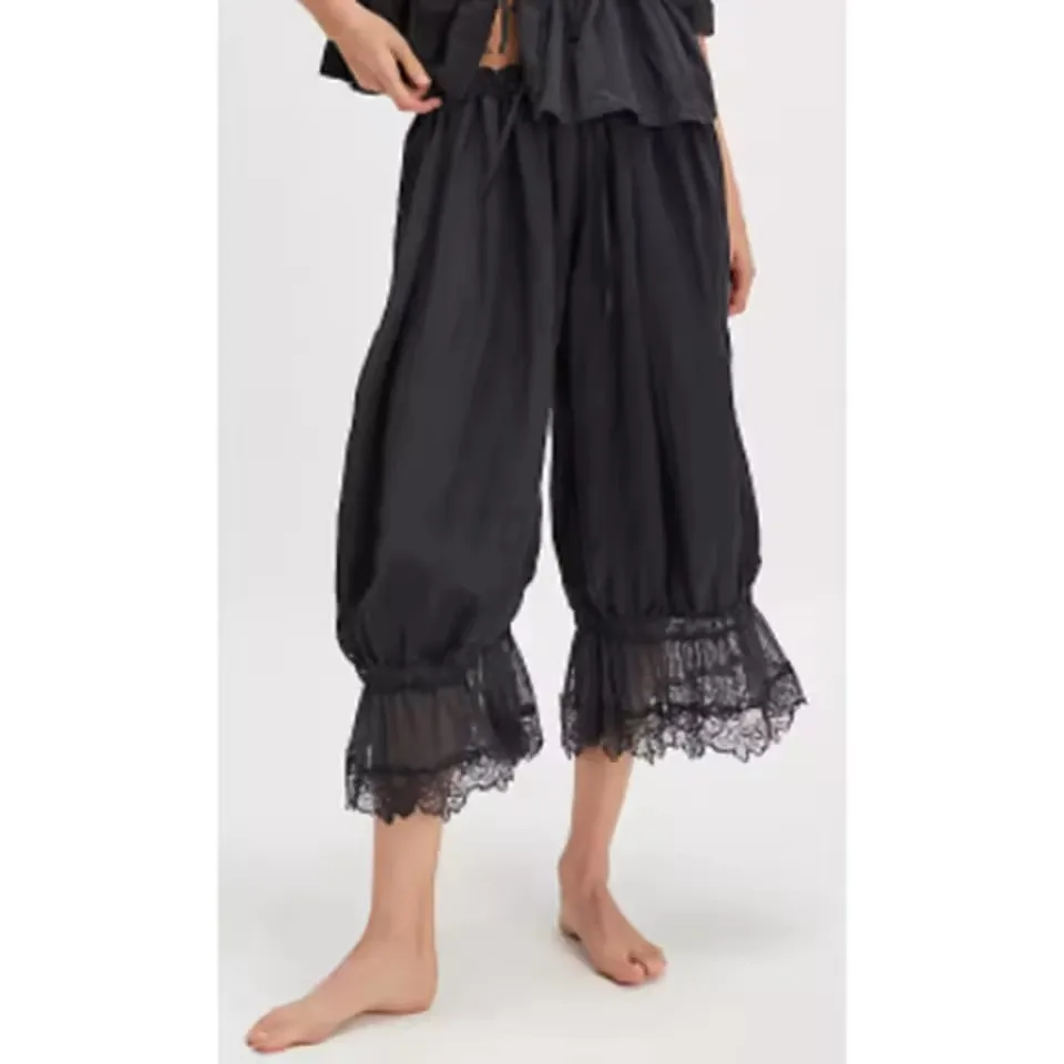 2025 New Summer Women's Loose Seven-quarter Length Trousers Drawstring High Waist Floral Lace Patchwork  Lantern Pants