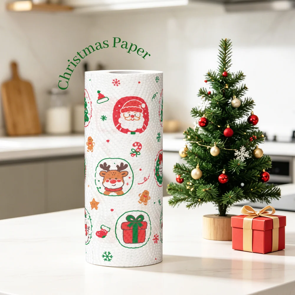 Christmas Themed Decorative Paper Towel Roll, Extra Large & Thick Cute Printed Napkin Roll, Holiday Disposable Tissue for Home,