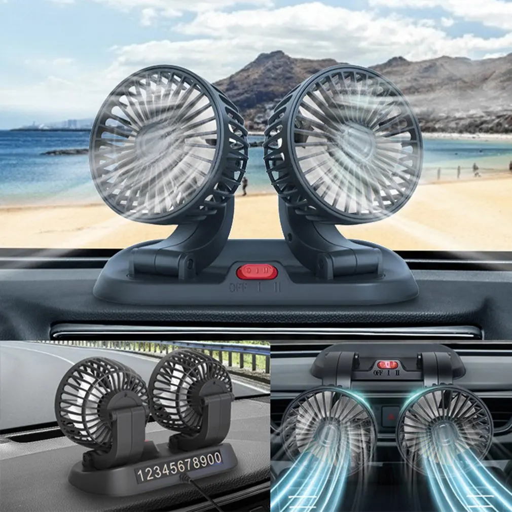 USB Car Fan Double-head 360 Degree Adjustable Air Cooling Strong Wind Low Noise Air Fan Two Speed Control Cooler Electric Fan