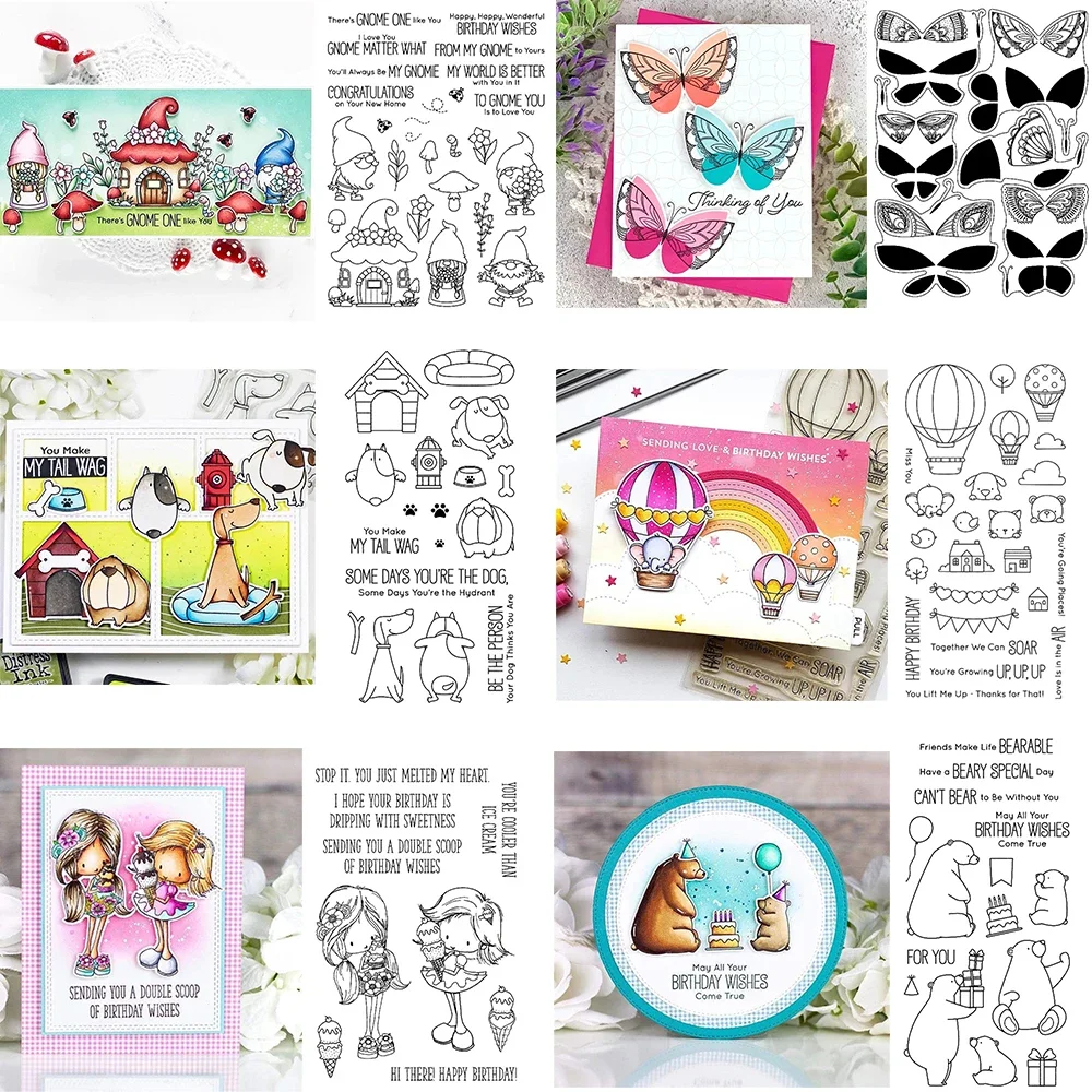 Brillante Schmetterlinge Gnomies Briefmarken und Schneidwerk zeuge Geburtstags bären süße Mädchen Stempelset für DIY Scrap booking Handwerk Karten herstellung