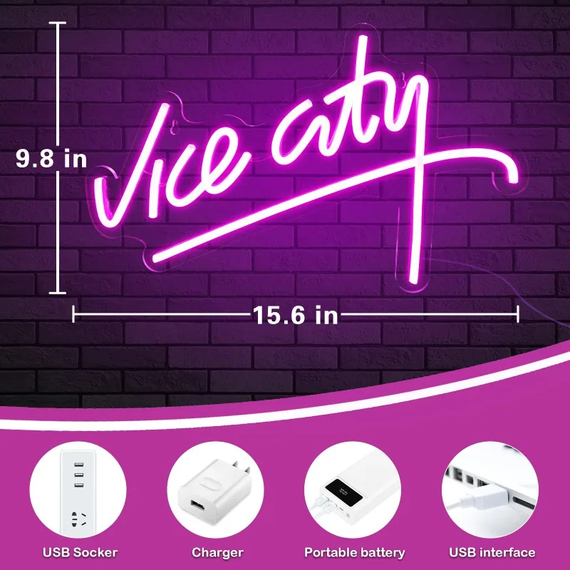 Pink Vice City Neon Sign - IMEGINA Dimmable Bedroom 15.6x9.8 Inch USB Powered Party Indoor Girl Pub Man Cave