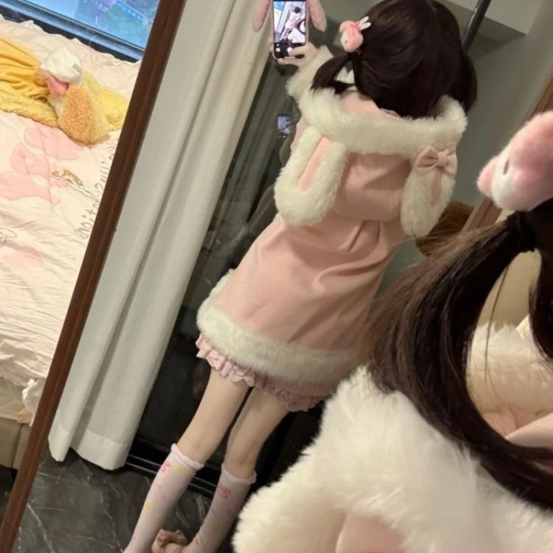 Japanese Sweet Long Sleeve Cartoon Hooded Wool Big Rabbit Ears Patchwork Women Kawaii Blend For Petite Autumn Winter 2026