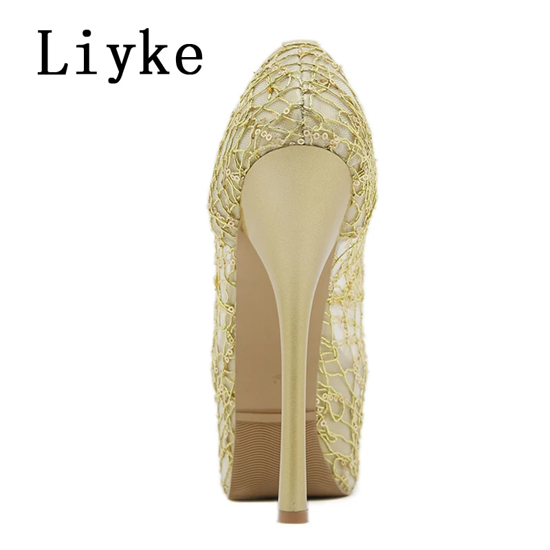 Liyke Fashion Design Mesh Thick Bottom Women Stiletto Platform Pumps Sexy Peep Toe Super High Heels Stripper Pole Dance Shoes