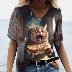 Mode 3d Kat Bedrukte T-Shirt Voor Vrouwen Zomer Casual O-hals Korte Mouw Tops Oversized V-Hals Dames T-Shirts Vrouwelijke Kleding