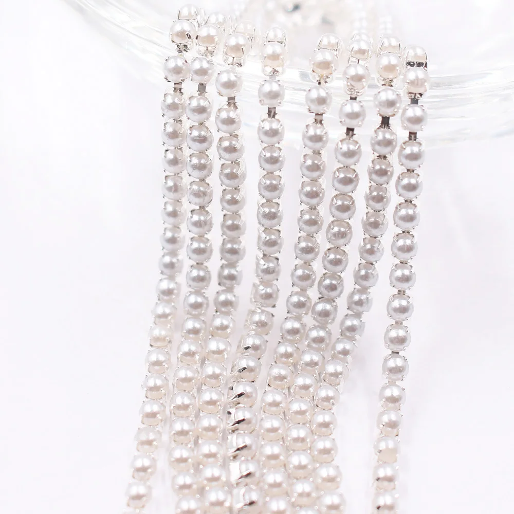 New products 1 Meter ABS pearl chain Silver claw base Cup Chain Rhinestones Trimming  for clothing shoes decorative accessories