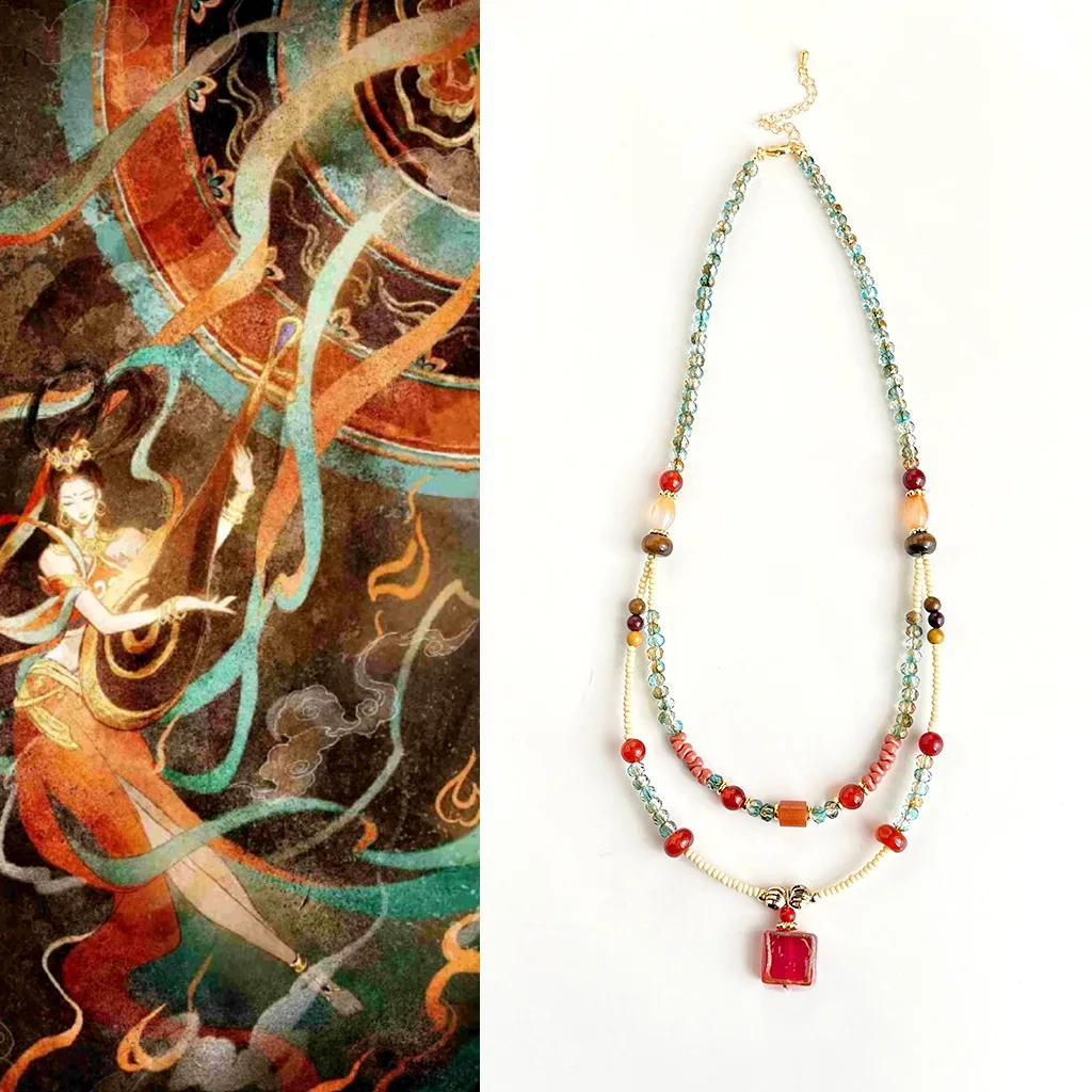 

Handmade Dunhuang Necklace Red Agate Crystal Double Layer Beaded Choker Chinese Bohemian Jewelry Ethnic Y2K Pendant
