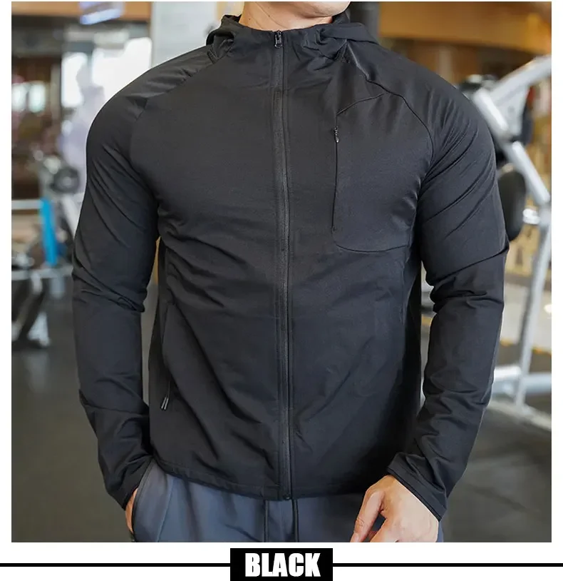 Hochwertiger Nylon-Sportmantel für Herren, Fitnessstudio, Fitness, Hoodies, Outdoor-Workout-Tops, Kapuzentraining, Laufen, Reißverschlussjacke, Kleidung – Detail 14
